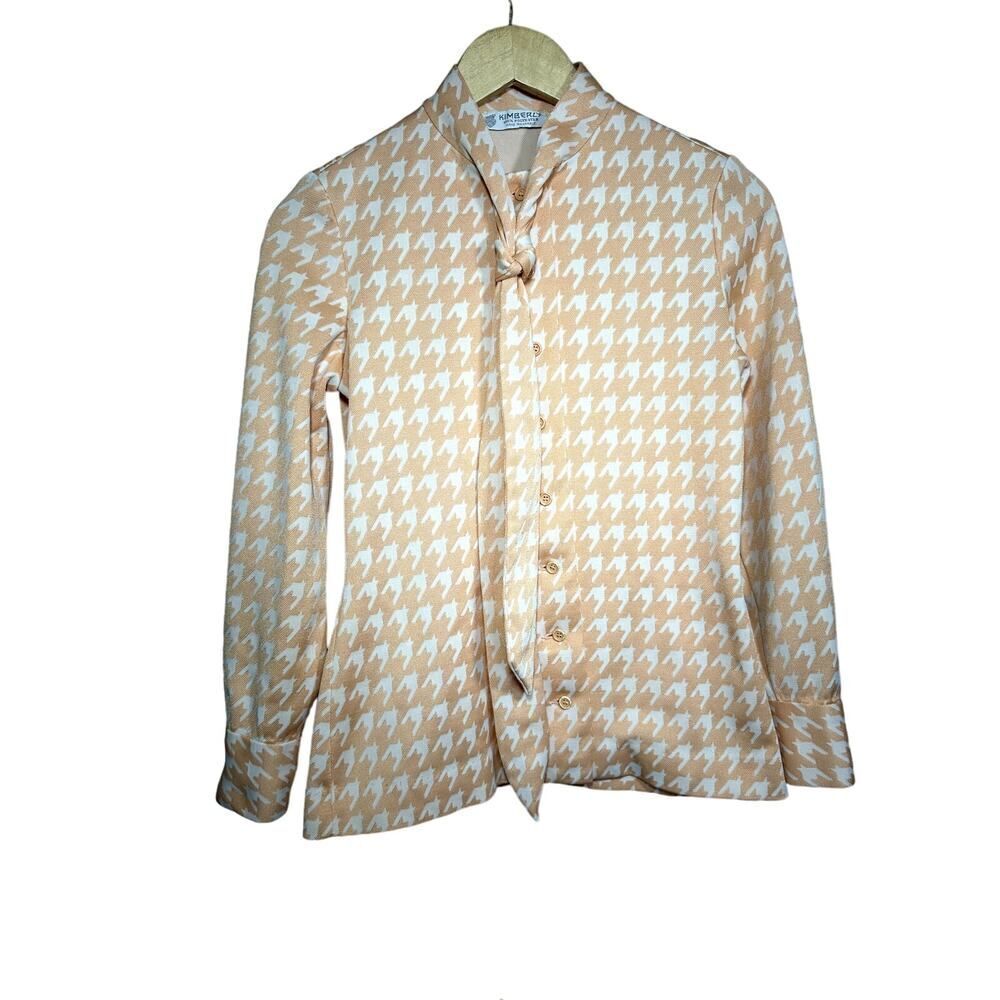 KIMBERLY Women's Vintage Retro Houndstooth Polyester Tie Neck Blouse Tan/White